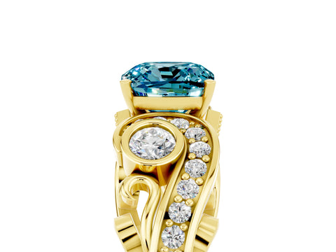 Yellow gold Cushion Cut Blue Topaz Solitaire Ring with Milgrain Pavé Band and Four-Prong Setting_29