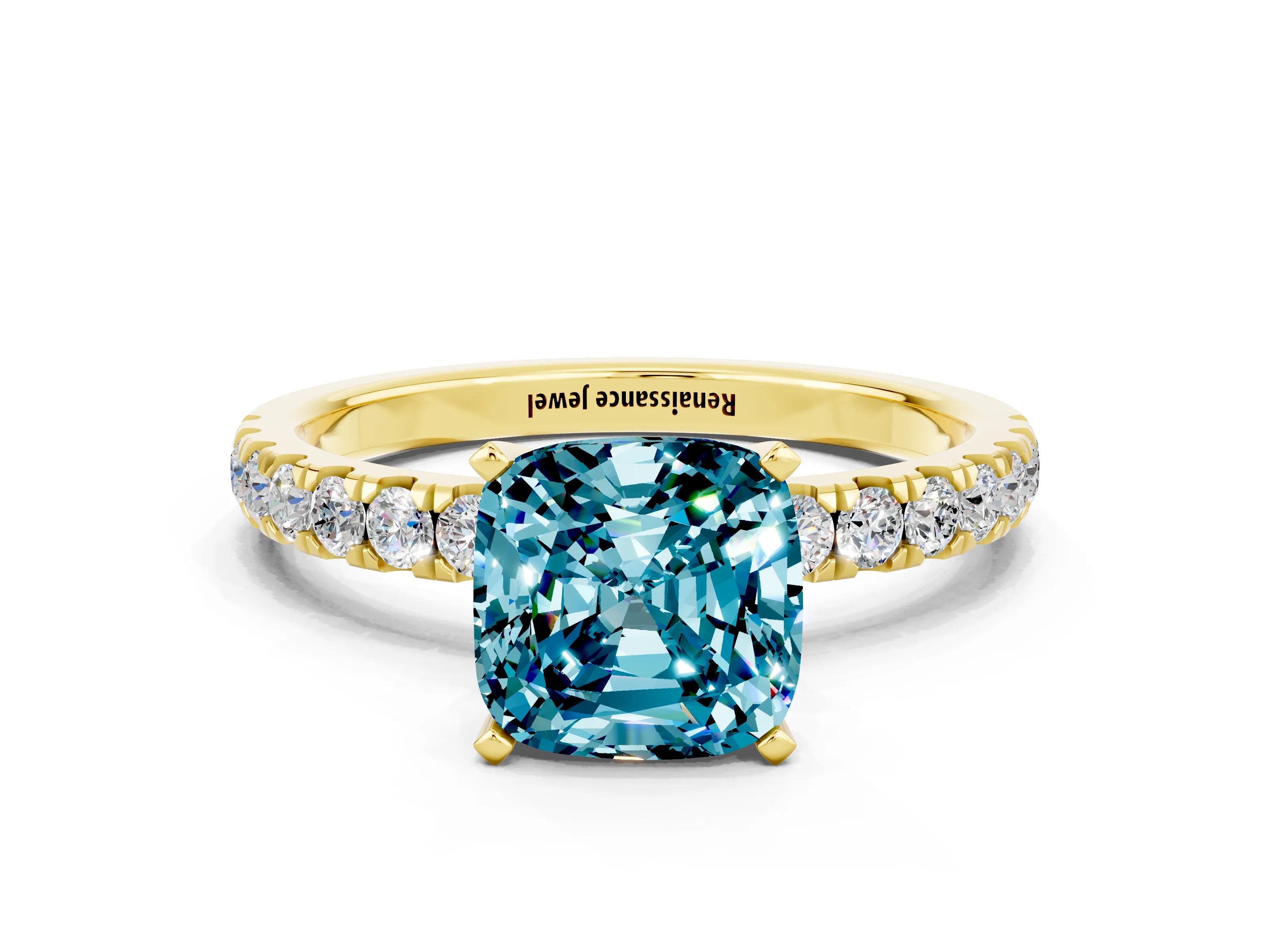 Yellow gold Cushion Cut Blue Topaz Solitaire Ring with Pavé Accents and Four-Prong Setting