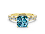 Yellow gold Cushion Cut Blue Topaz Solitaire Ring with Pavé Accents and Four-Prong Setting