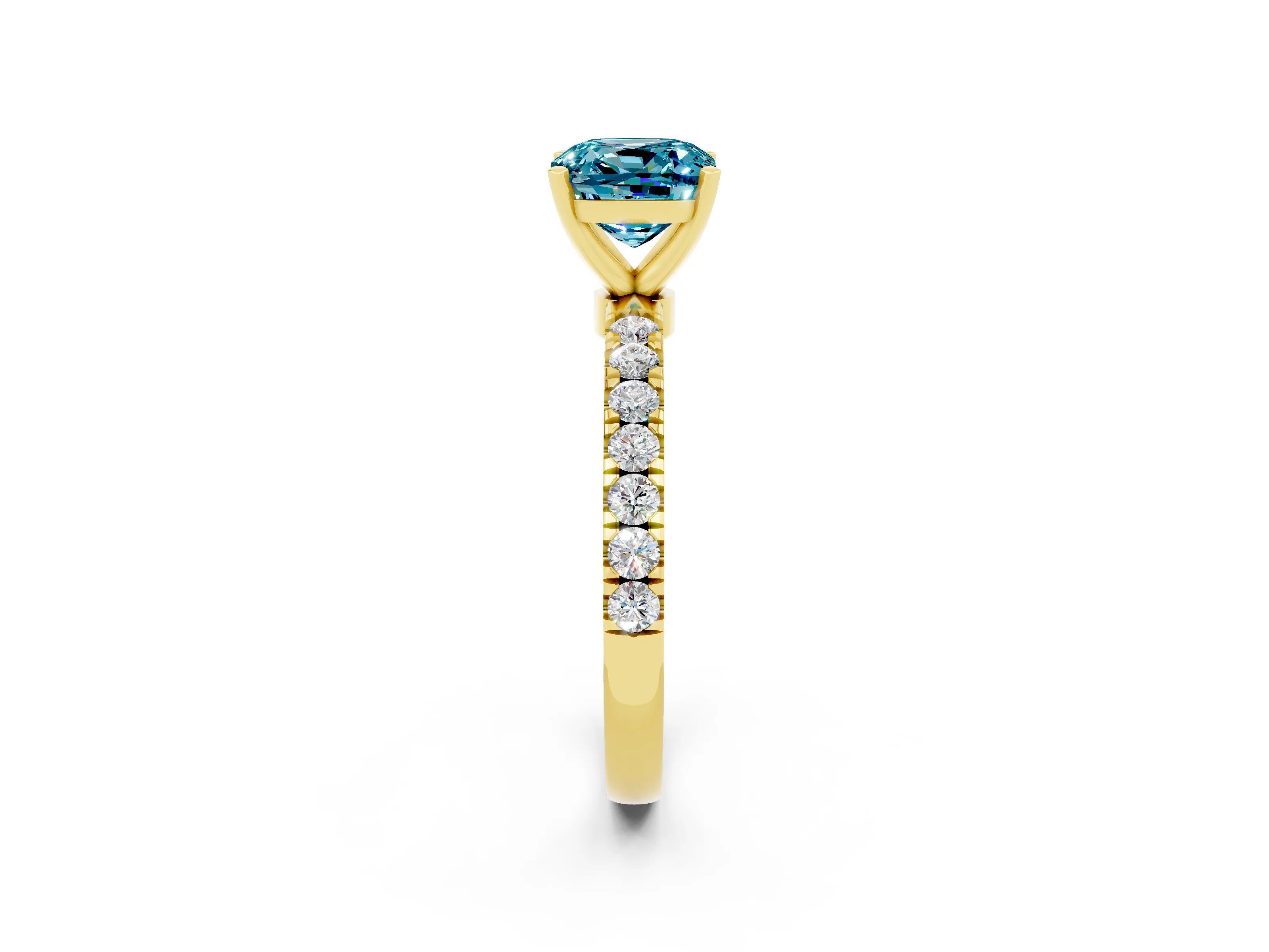 Yellow gold Cushion Cut Blue Topaz Solitaire Ring with Pavé Accents and Four-Prong Setting_2