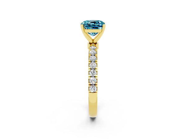 Yellow gold Cushion Cut Blue Topaz Solitaire Ring with Pavé Accents and Four-Prong Setting