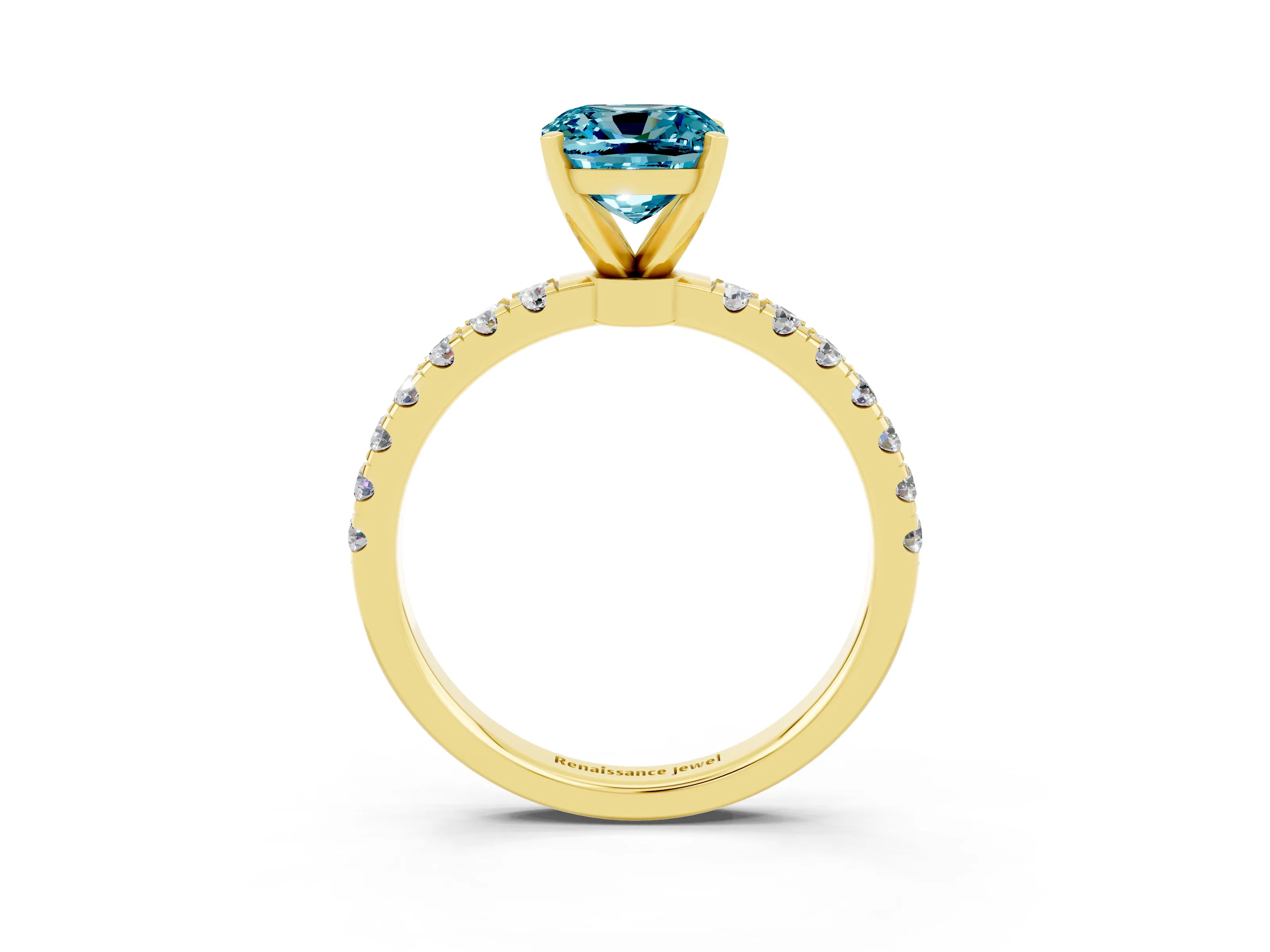 Yellow gold Cushion Cut Blue Topaz Solitaire Ring with Pavé Accents and Four-Prong Setting_3