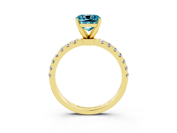 Yellow gold Cushion Cut Blue Topaz Solitaire Ring with Pavé Accents and Four-Prong Setting