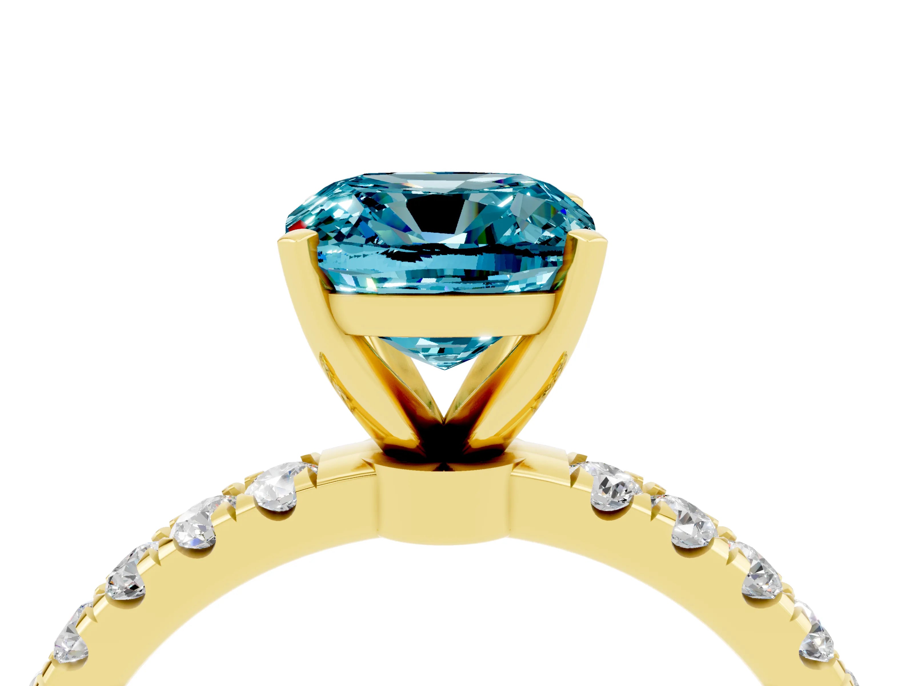 Yellow gold Cushion Cut Blue Topaz Solitaire Ring with Pavé Accents and Four-Prong Setting_4