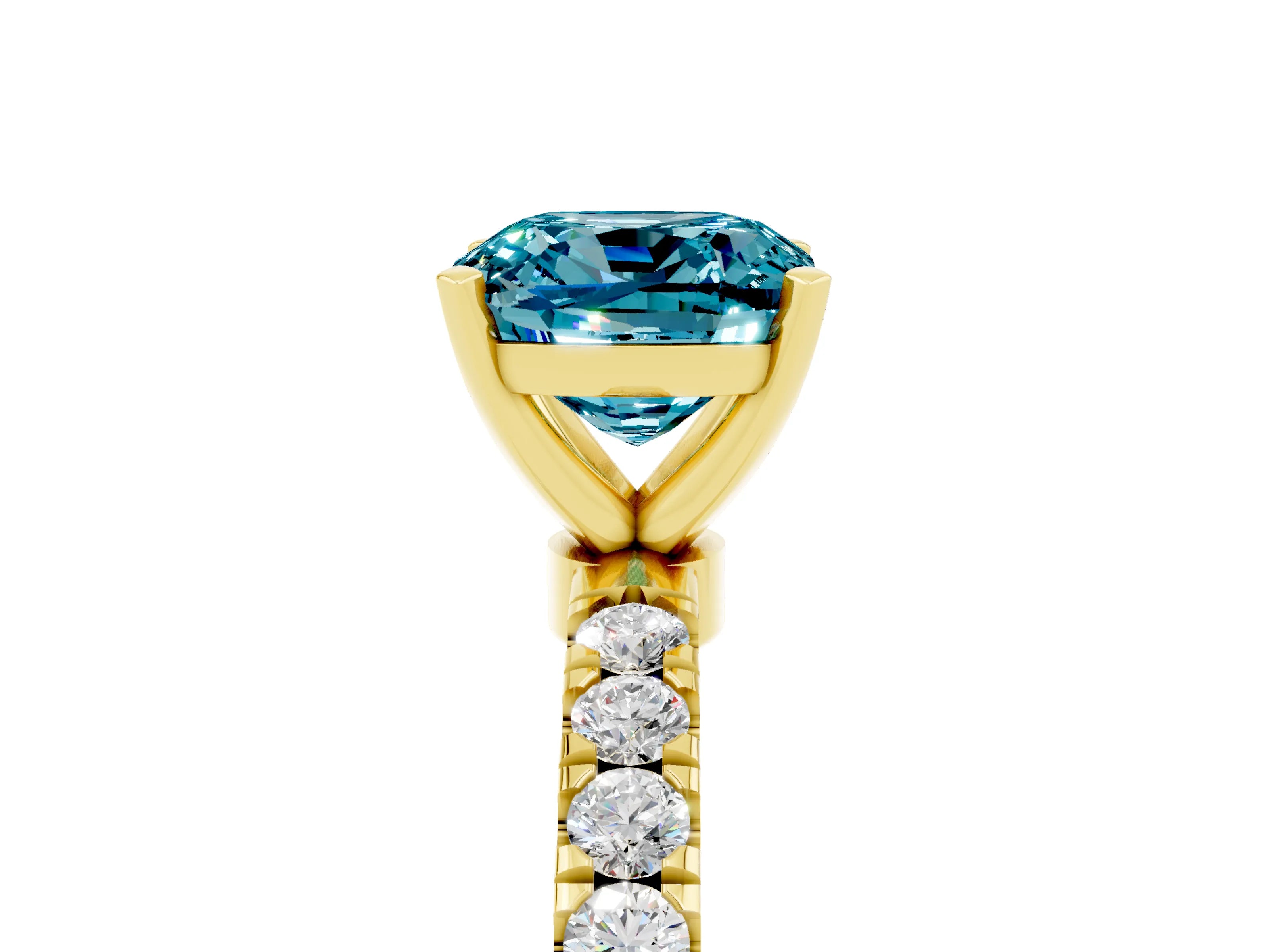 Yellow gold Cushion Cut Blue Topaz Solitaire Ring with Pavé Accents and Four-Prong Setting_5
