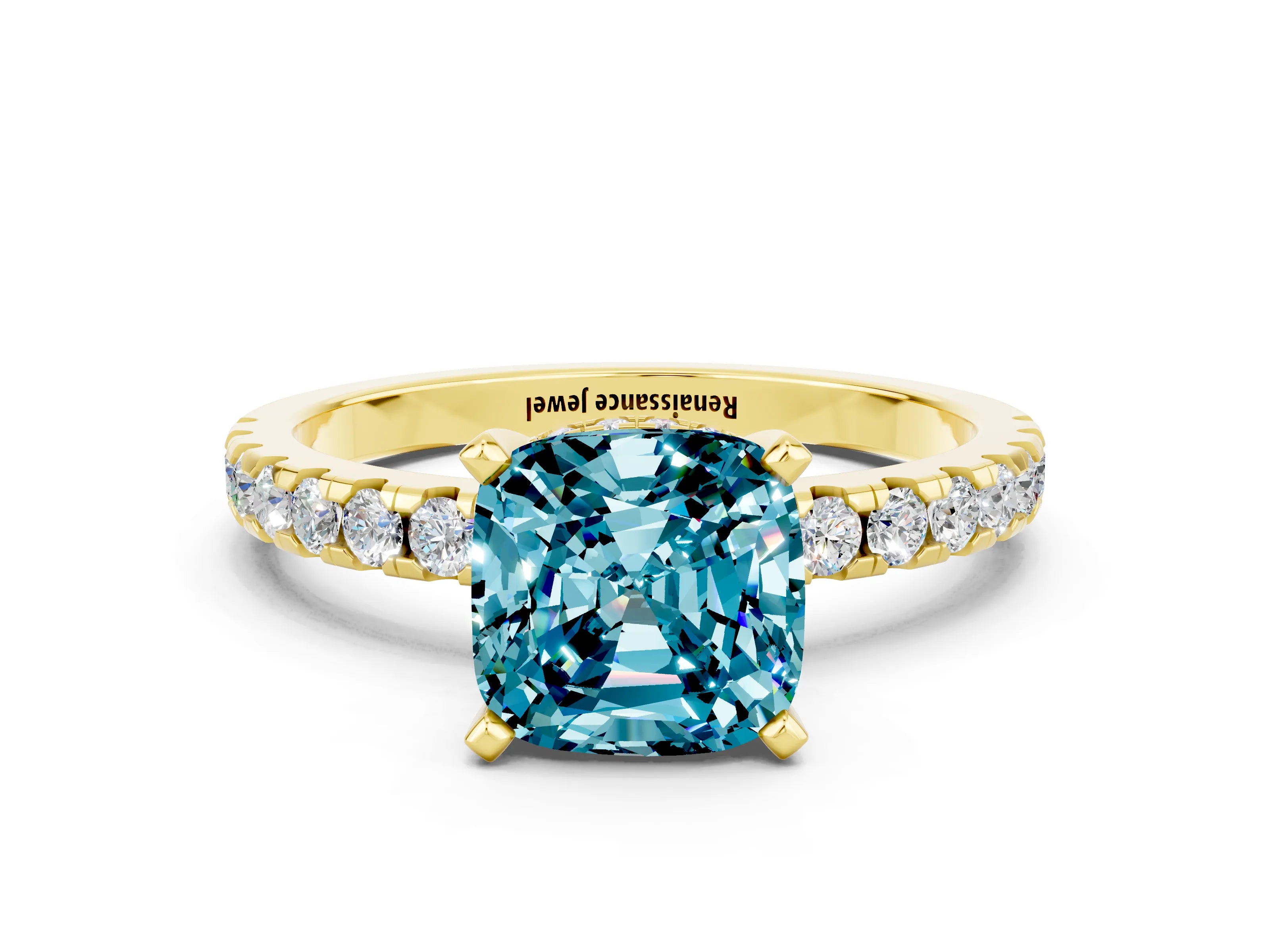 Yellow gold Cushion Cut Blue Topaz Solitaire Ring with Pavé Band and Four-Prong Setting_36