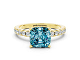 Yellow gold Cushion Cut Blue Topaz Solitaire Ring with Pavé Band and Four-Prong Setting_36