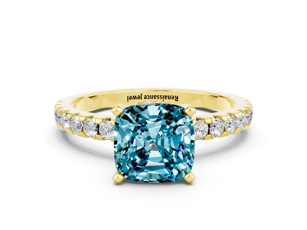 Yellow gold Cushion Cut Blue Topaz Solitaire Ring with Round  Pavé Band and Four-Prong Setting