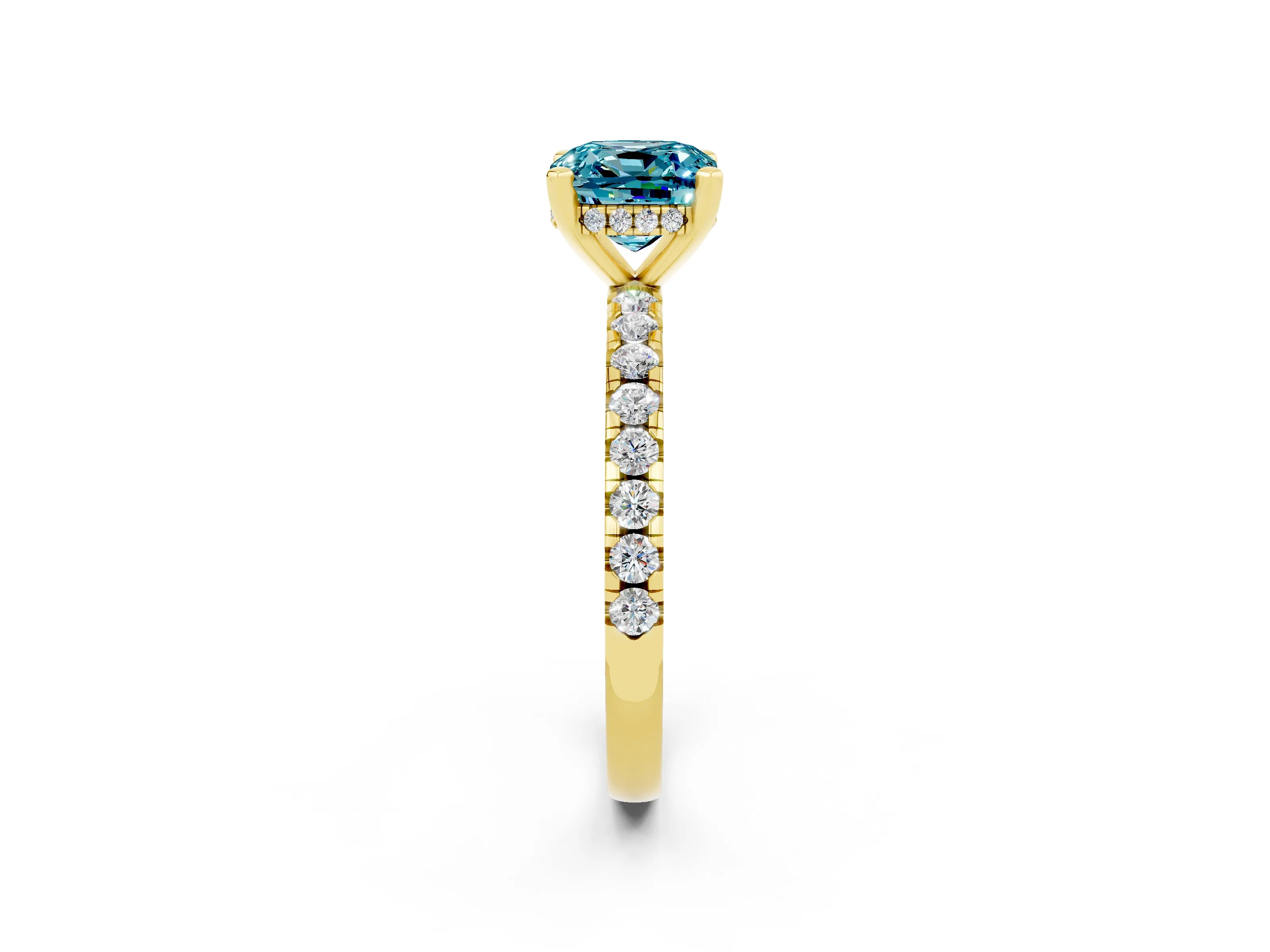 Yellow gold Cushion Cut Blue Topaz Solitaire Ring with Pavé Band and Four-Prong Setting_38