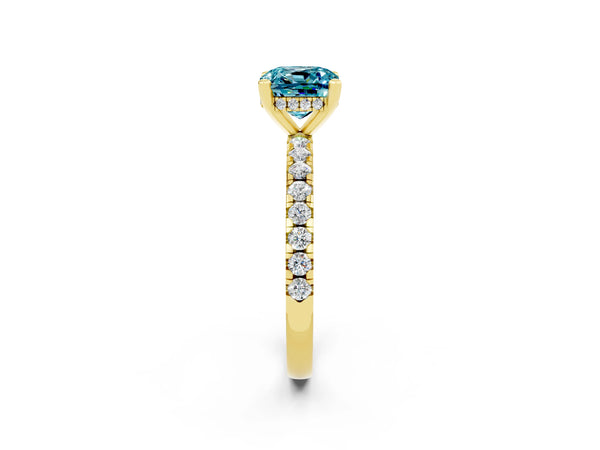Yellow gold Cushion Cut Blue Topaz Solitaire Ring with Round  Pavé Band and Four-Prong Setting