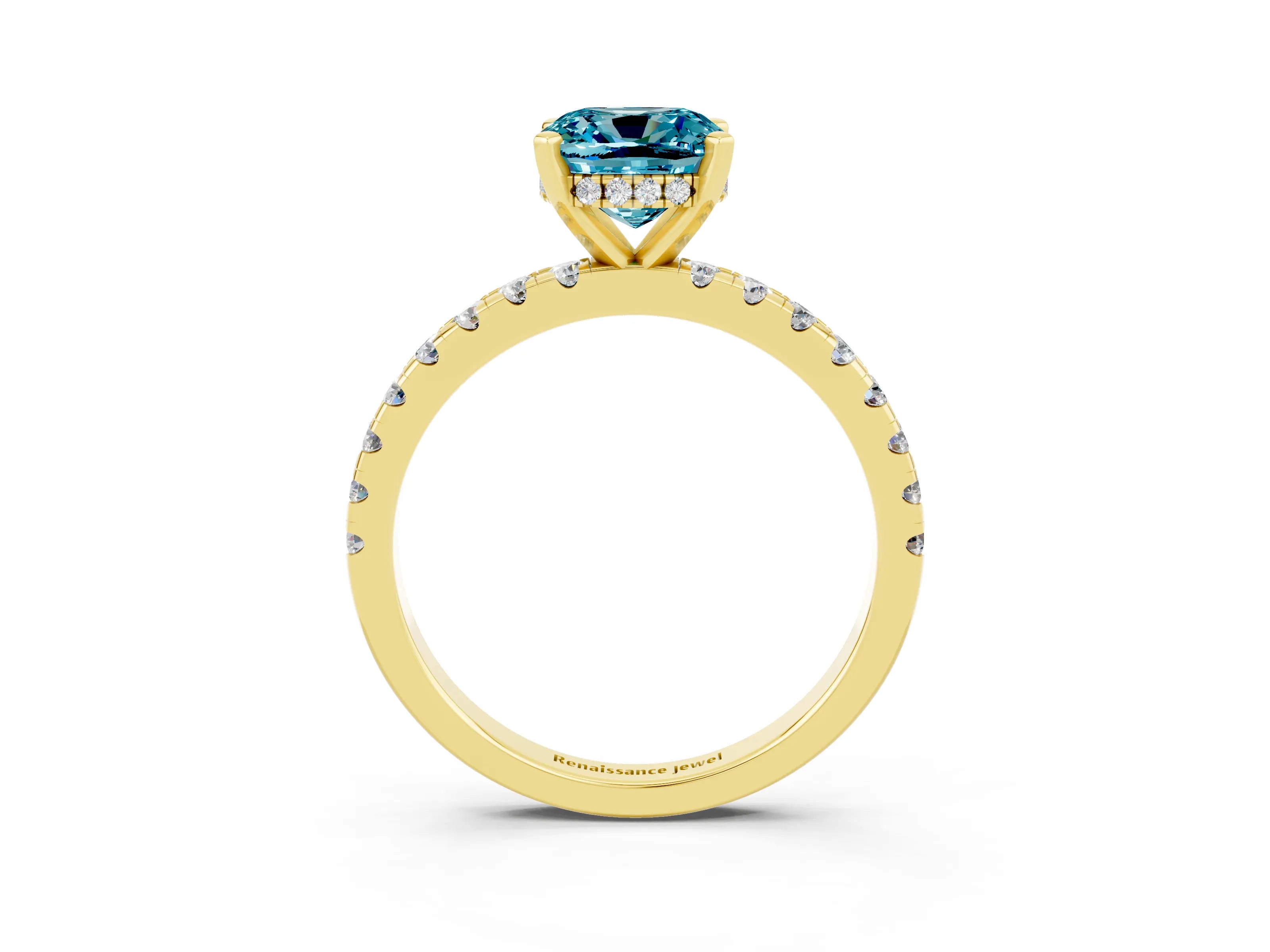 Yellow gold Cushion Cut Blue Topaz Solitaire Ring with Pavé Band and Four-Prong Setting_39