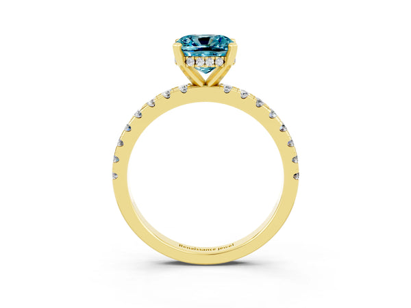 Yellow gold Cushion Cut Blue Topaz Solitaire Ring with Round  Pavé Band and Four-Prong Setting