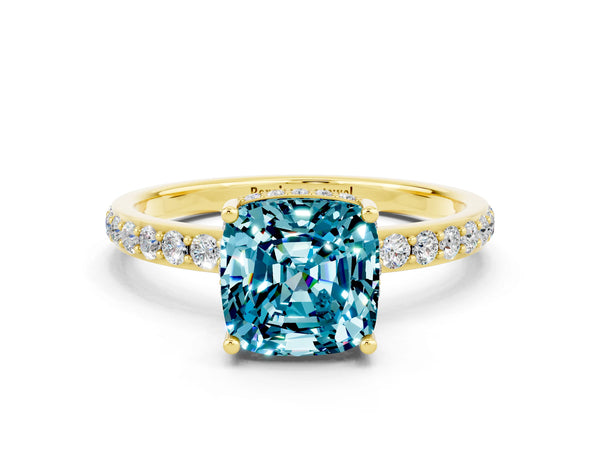 Yellow gold Cushion Cut Blue Topaz Solitaire Ring with Pavé Band and Hidden Halo