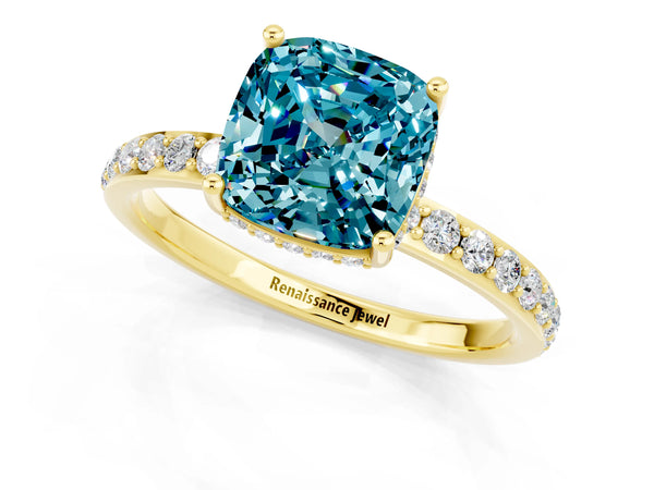 Yellow gold Cushion Cut Blue Topaz Solitaire Ring with Pavé Band and Hidden Halo