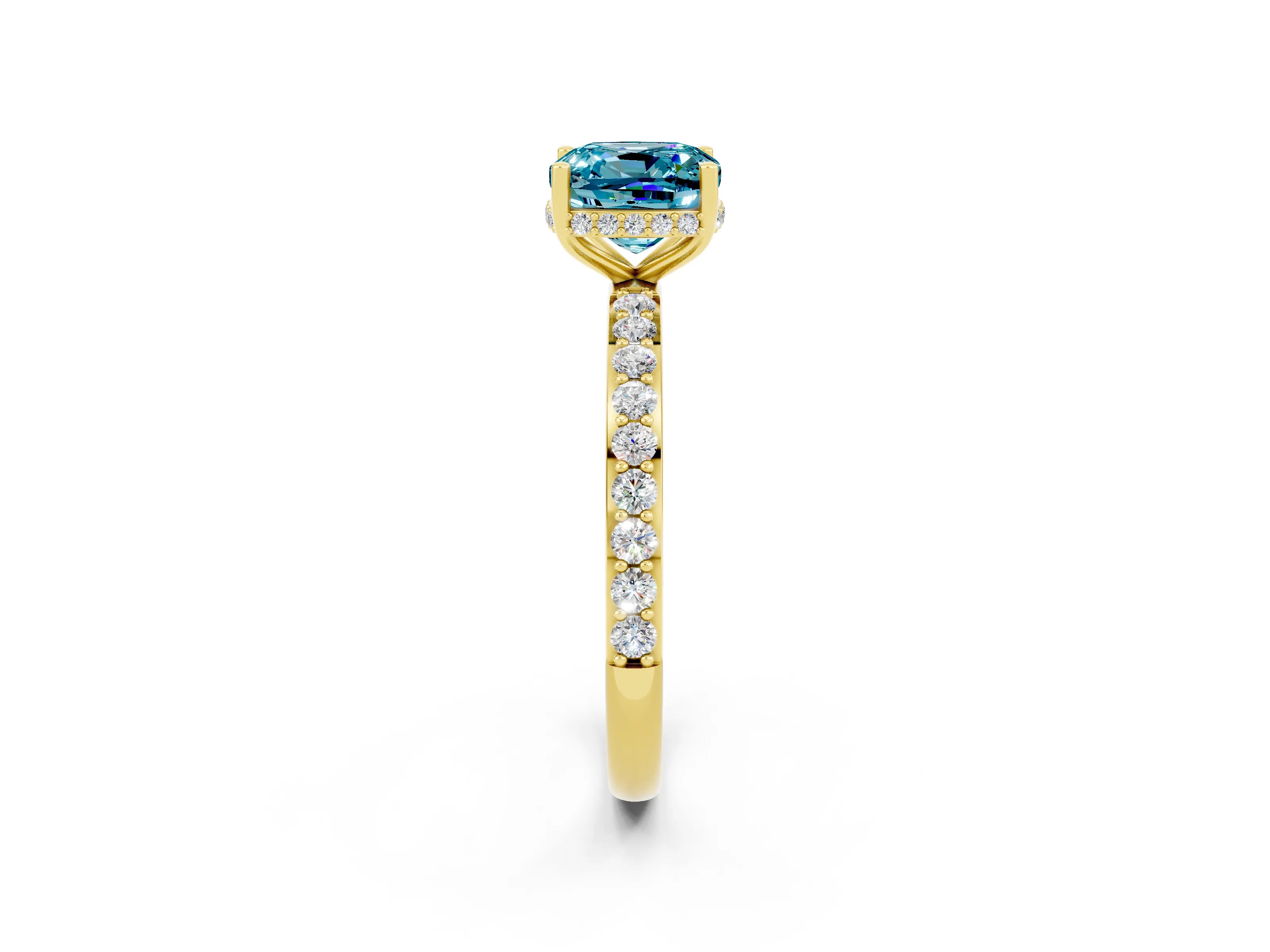 Yellow gold Cushion Cut Blue Topaz Solitaire Ring with Pavé Band and Hidden Halo_14