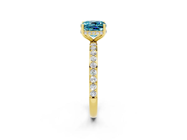 Yellow gold Cushion Cut Blue Topaz Solitaire Ring with Pavé Band and Hidden Halo