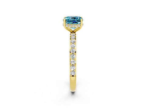 Yellow gold Cushion Cut Blue Topaz Solitaire Ring with Pavé Band and Hidden Halo_14