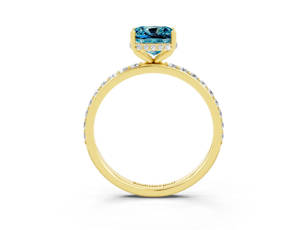 Yellow gold Cushion Cut Blue Topaz Solitaire Ring with Pavé Band and Hidden Halo