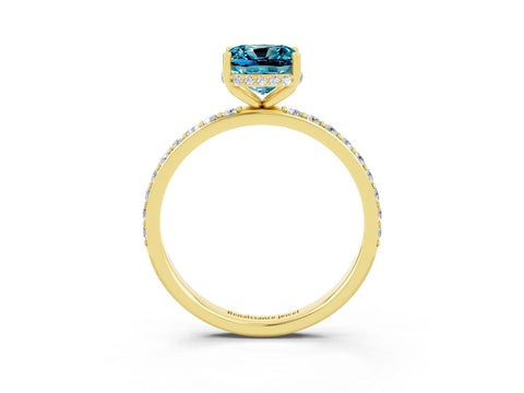 Yellow gold Cushion Cut Blue Topaz Solitaire Ring with Pavé Band and Hidden Halo_15
