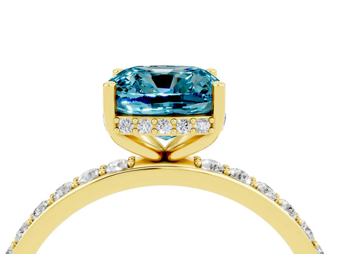 Yellow gold Cushion Cut Blue Topaz Solitaire Ring with Pavé Band and Hidden Halo_16