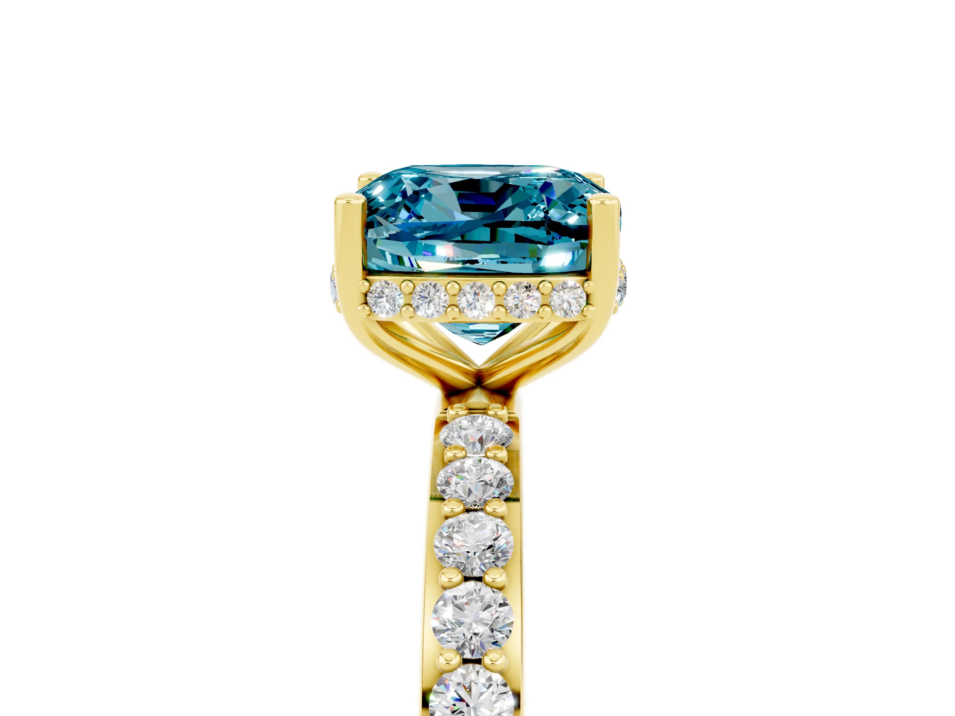 Yellow gold Cushion Cut Blue Topaz Solitaire Ring with Pavé Band and Hidden Halo_17