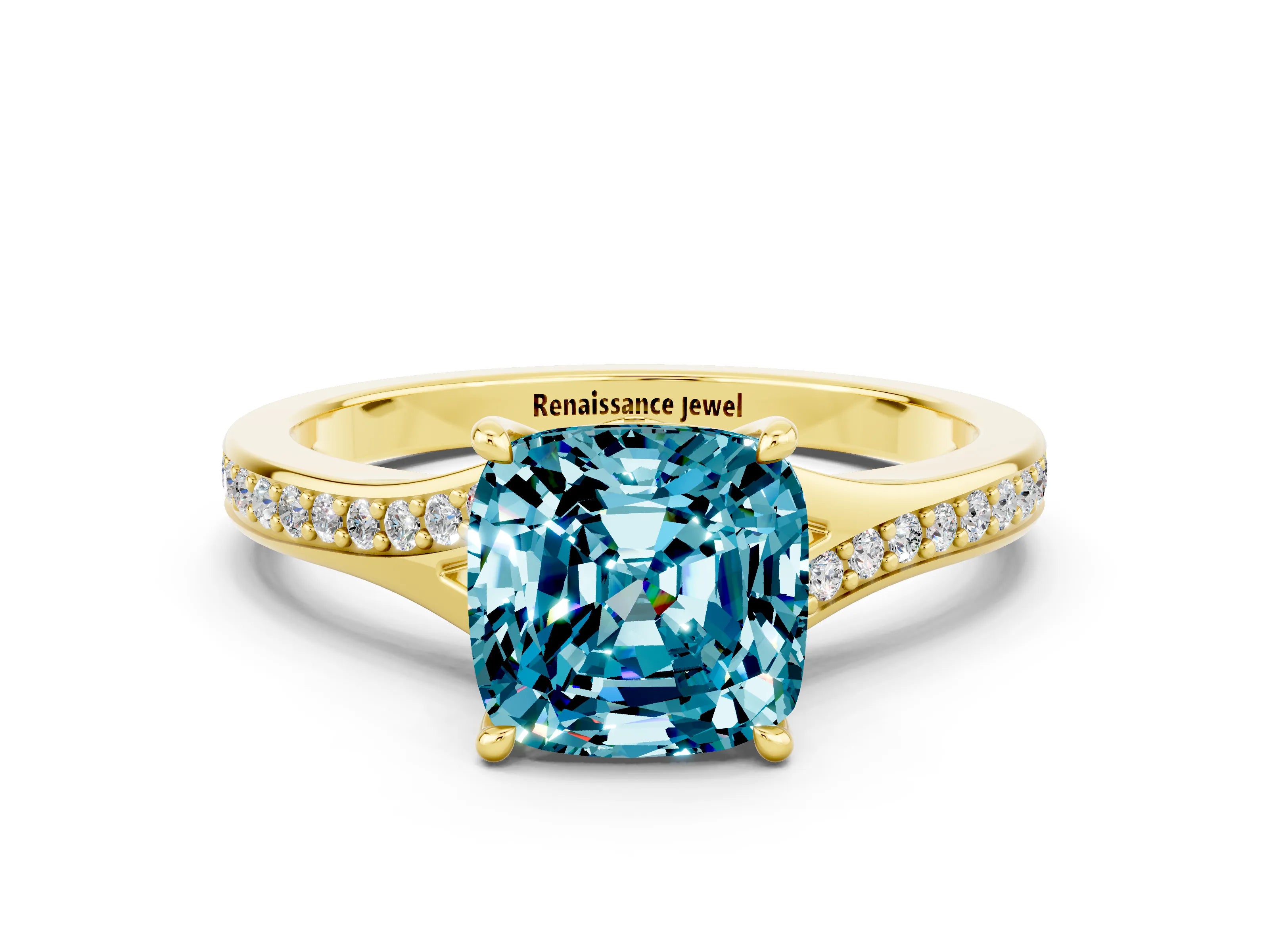 Yellow gold Cushion Cut Blue Topaz Solitaire Ring with Pavé Band and Prong Setting_12