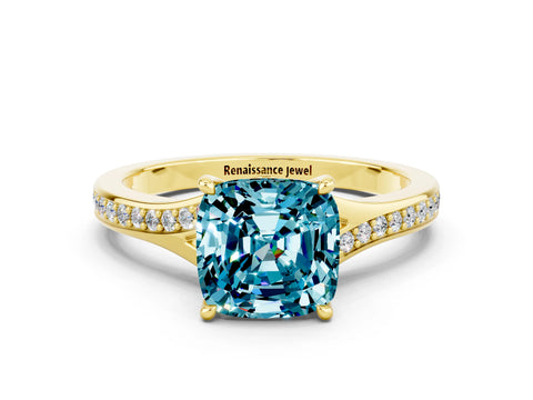 Yellow gold Cushion Cut Blue Topaz Solitaire Ring with Pavé Band and Prong Setting_12