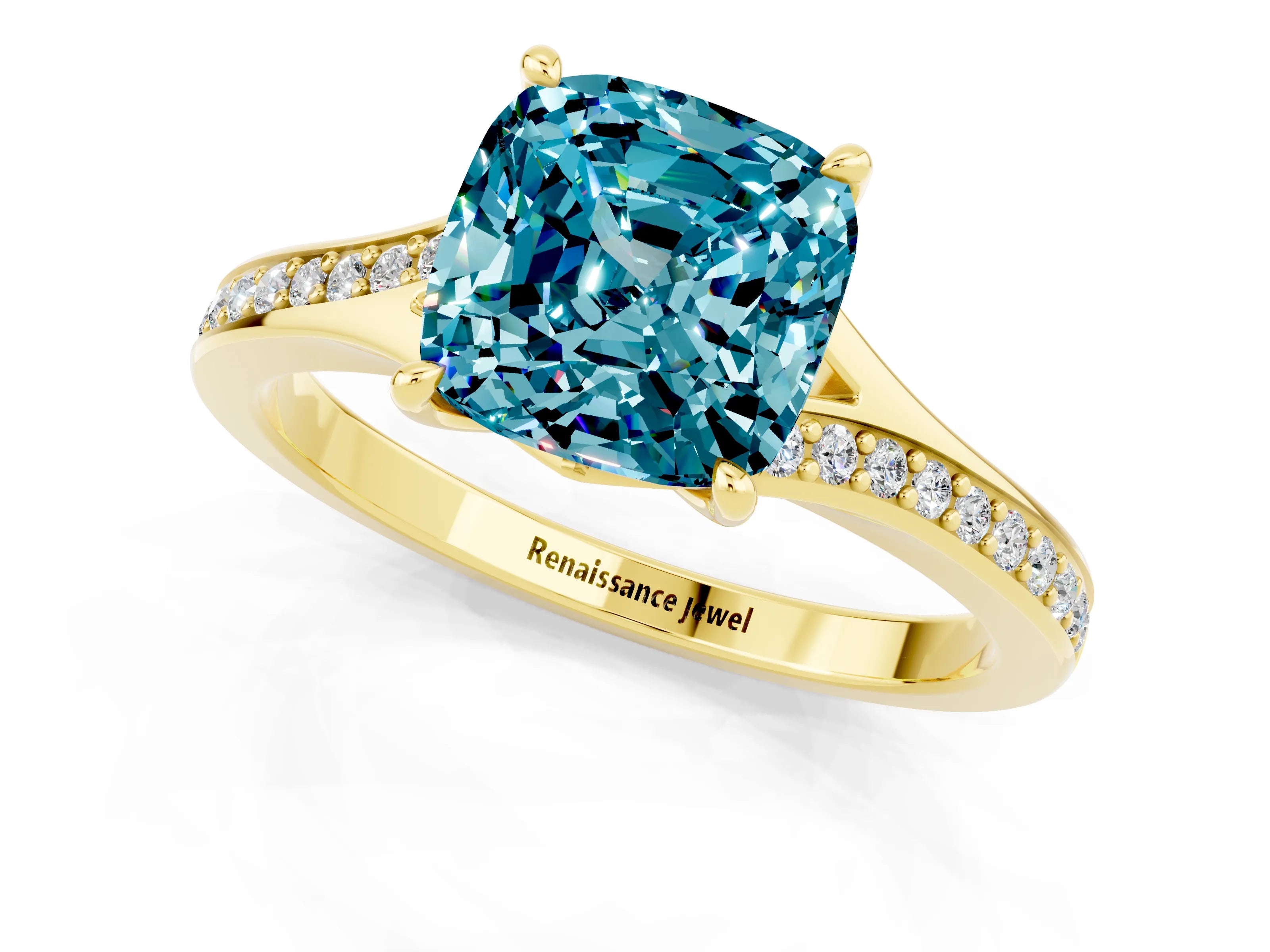 Yellow gold Cushion Cut Blue Topaz Solitaire Ring with Pavé Band and Prong Setting_13