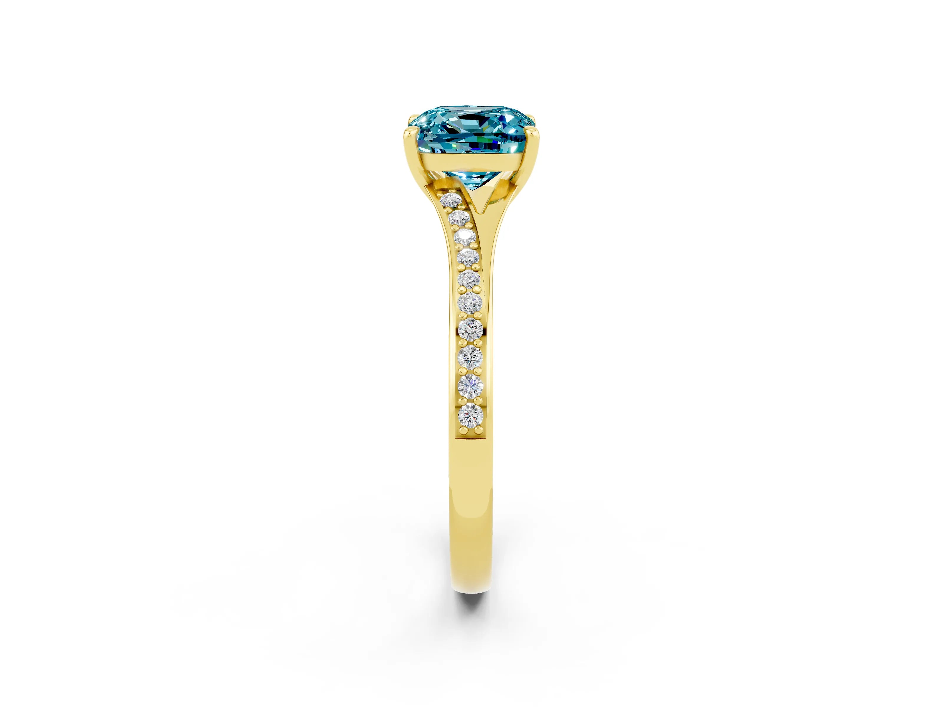 Yellow gold Cushion Cut Blue Topaz Solitaire Ring with Pavé Band and Prong Setting_14