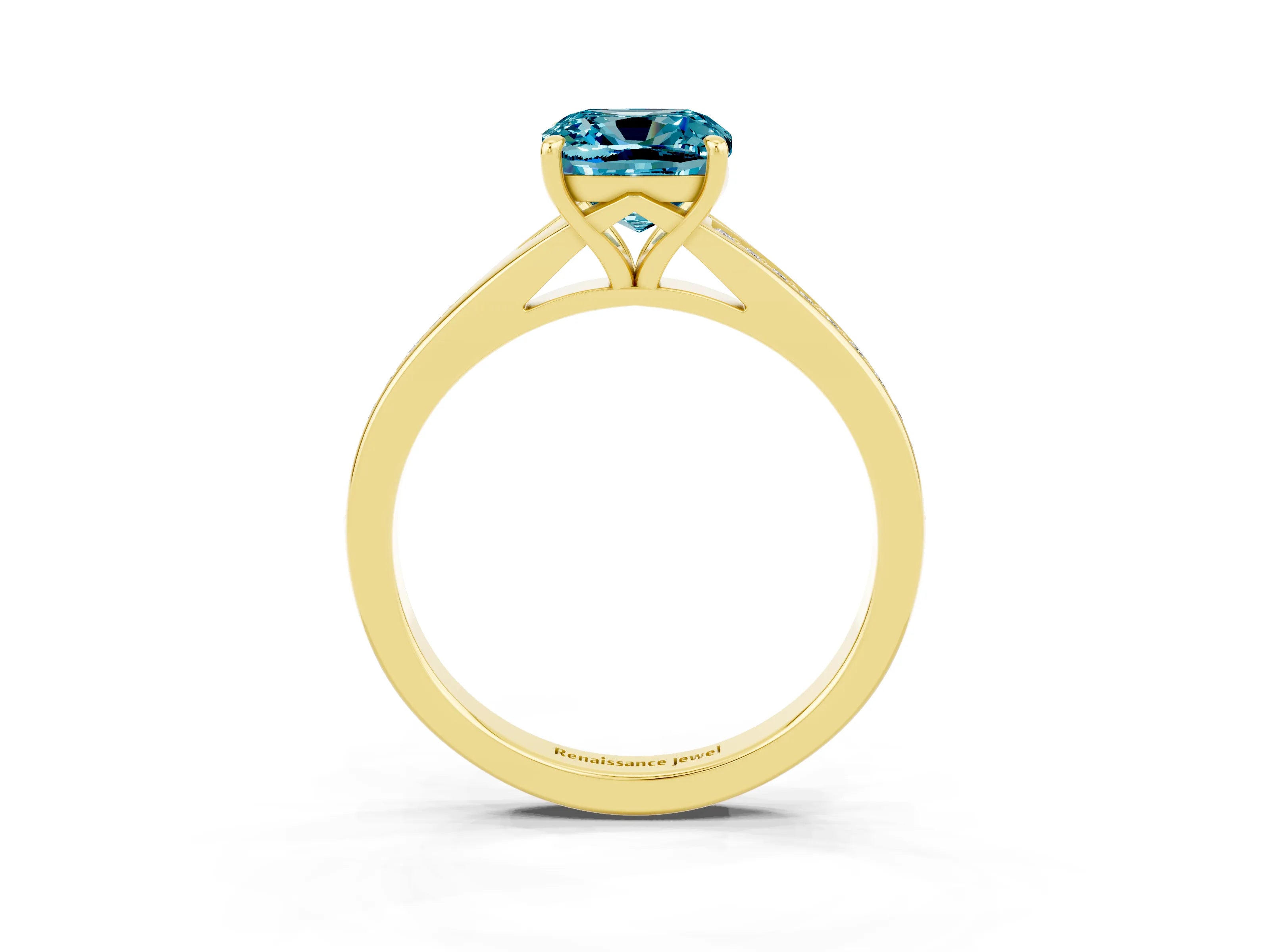 Yellow gold Cushion Cut Blue Topaz Solitaire Ring with Pavé Band and Prong Setting_15