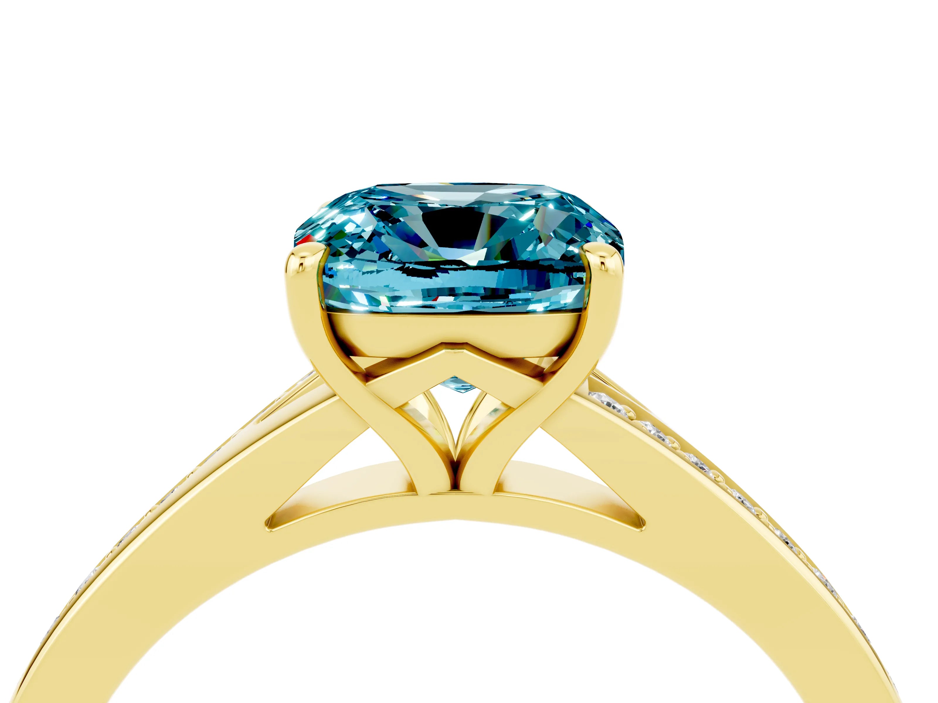 Yellow gold Cushion Cut Blue Topaz Solitaire Ring with Pavé Band and Prong Setting_16