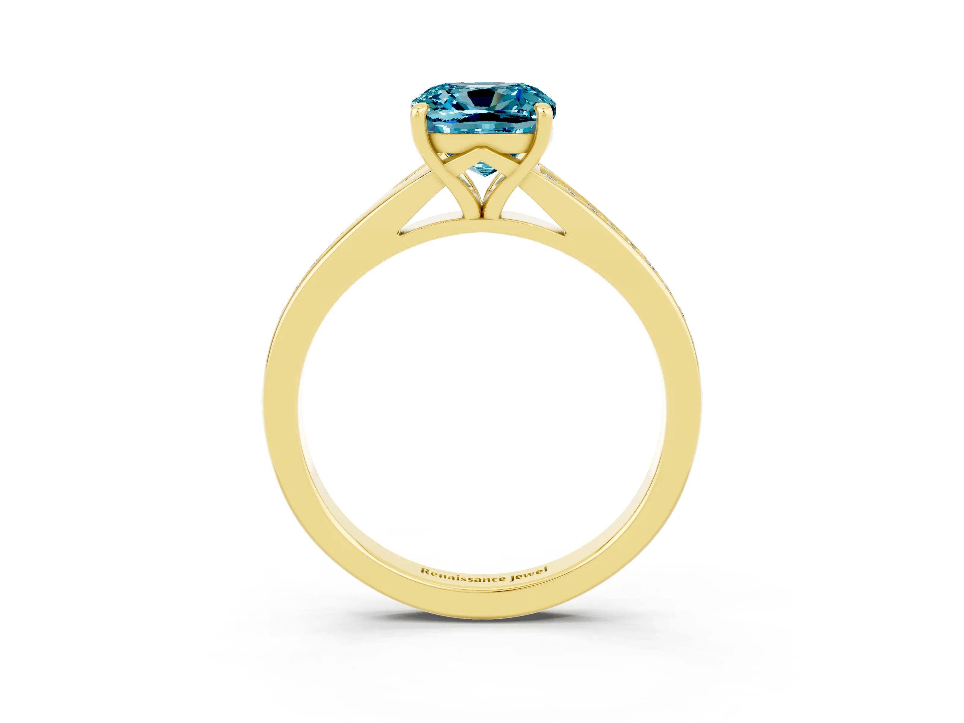 Yellow gold Cushion Cut Blue Topaz Solitaire Ring with Pavé Band and Prong Setting_3