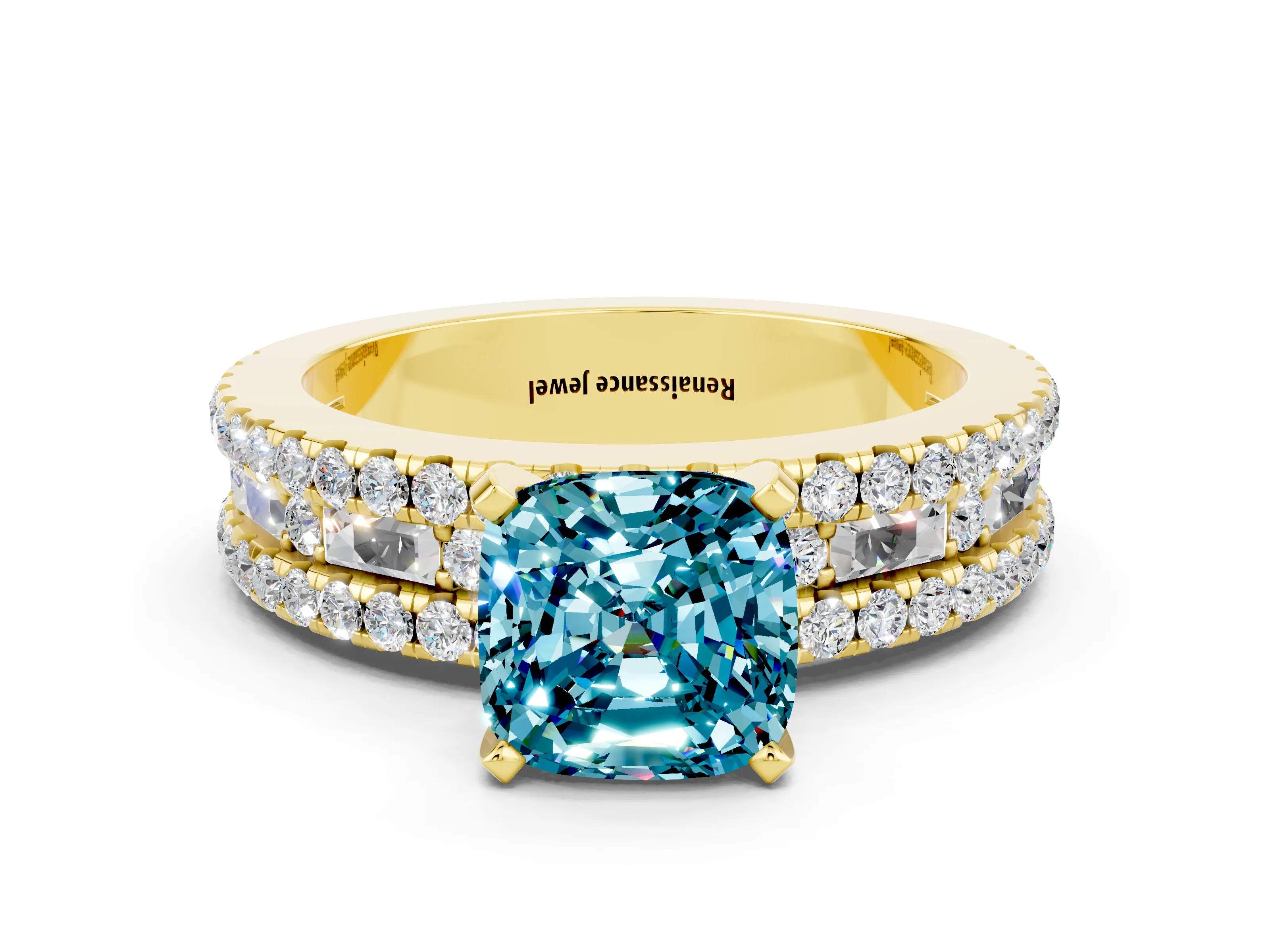 Yellow gold Cushion Cut Blue Topaz Solitaire Ring with Pavé and Channel Set Band
