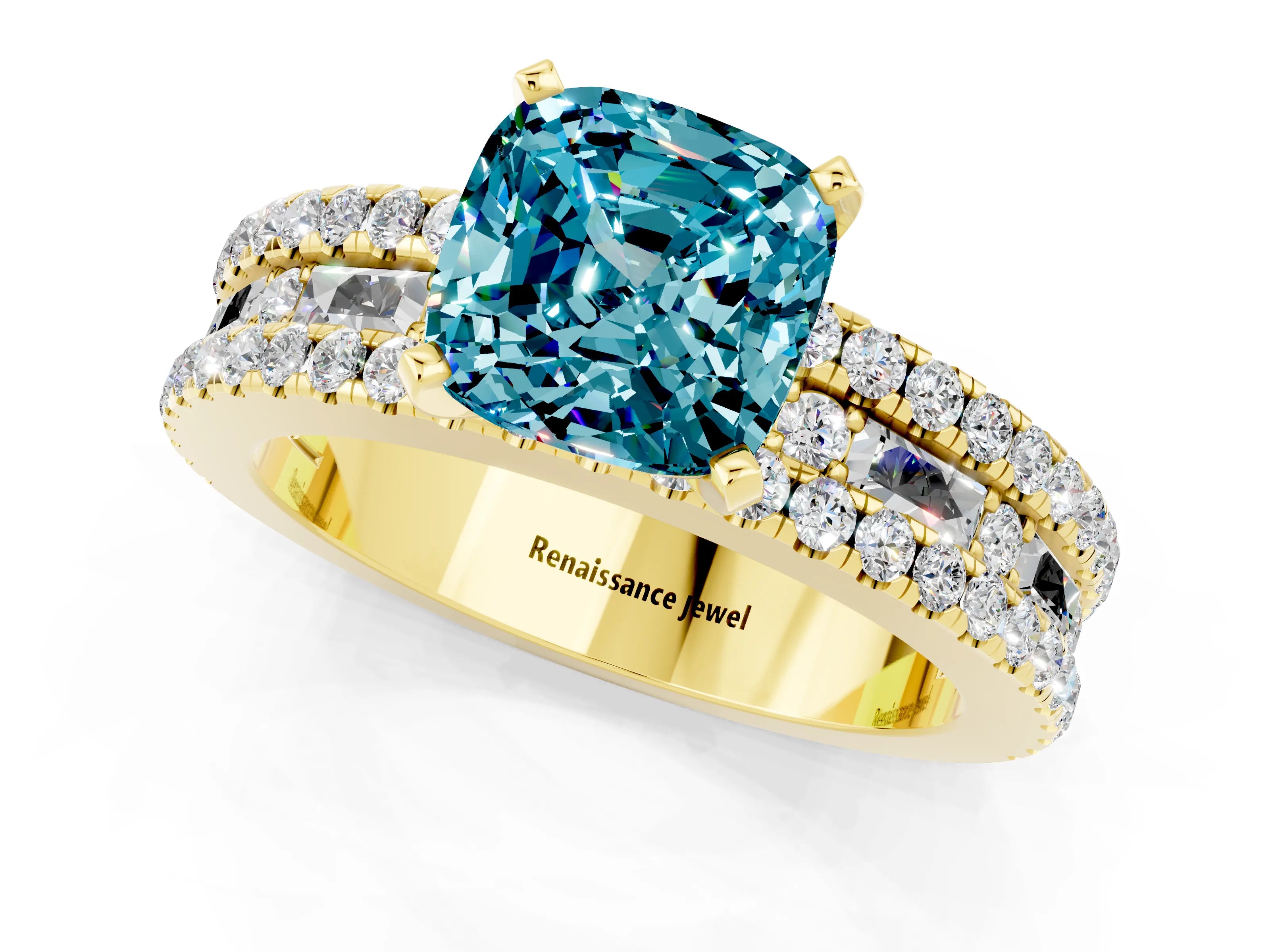 Yellow gold Cushion Cut Blue Topaz Solitaire Ring with Pavé and Channel Set Band_1