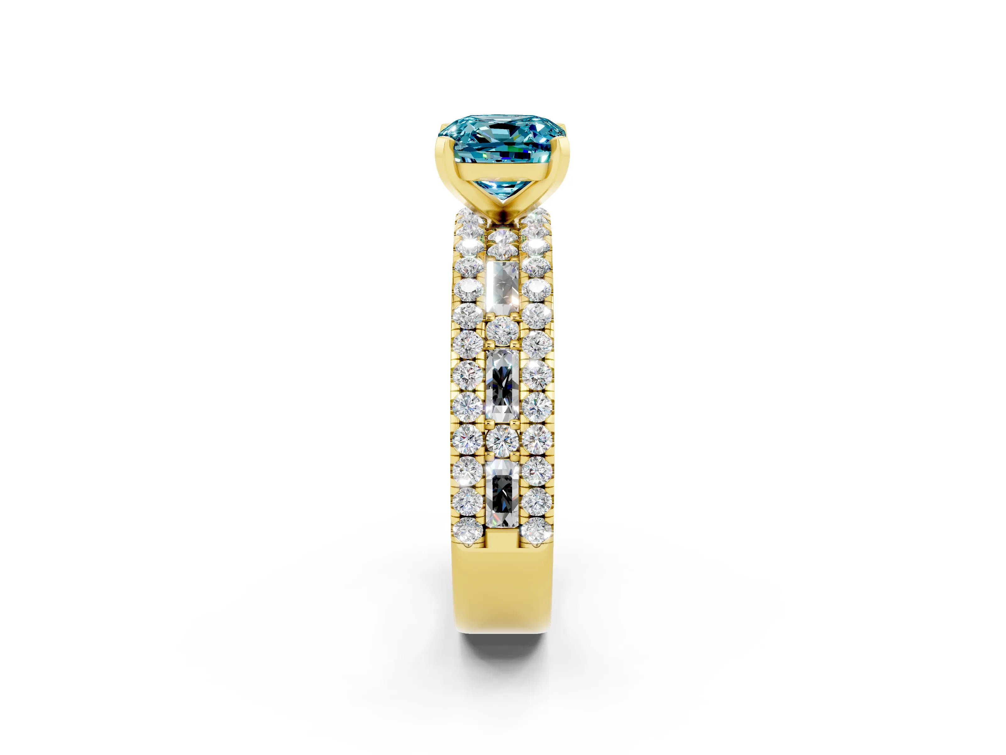 Yellow gold Cushion Cut Blue Topaz Solitaire Ring with Pavé and Channel Set Band_2