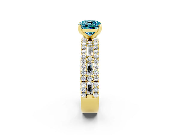 Yellow gold Cushion Cut Blue Topaz Solitaire Ring with Pavé and Channel Set Band
