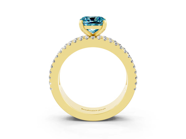 Yellow gold Cushion Cut Blue Topaz Solitaire Ring with Pavé and Channel Set Band
