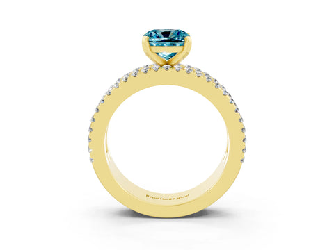 Yellow gold Cushion Cut Blue Topaz Solitaire Ring with Pavé and Channel Set Band_3