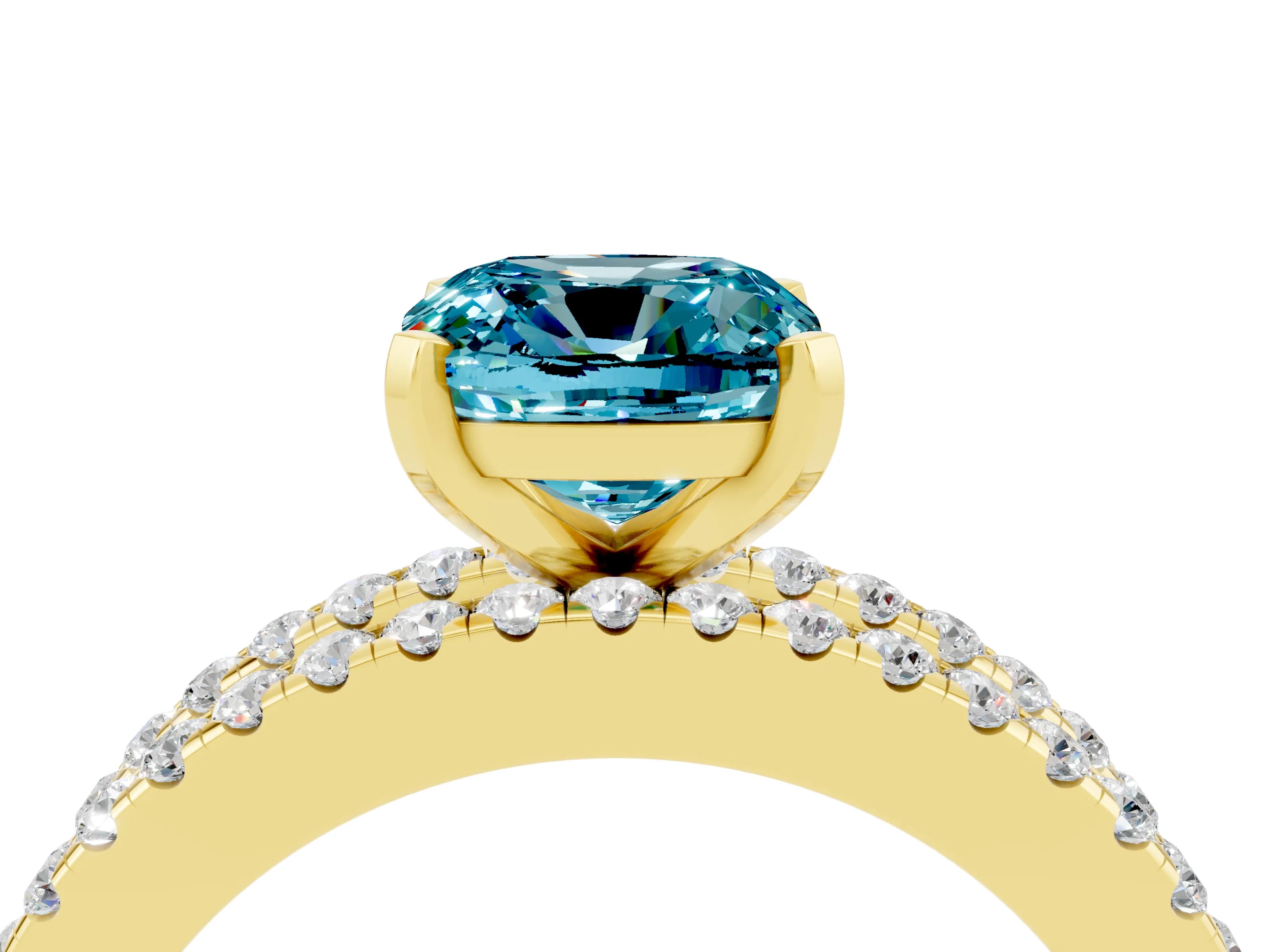 Yellow gold Cushion Cut Blue Topaz Solitaire Ring with Pavé and Channel Set Band_4