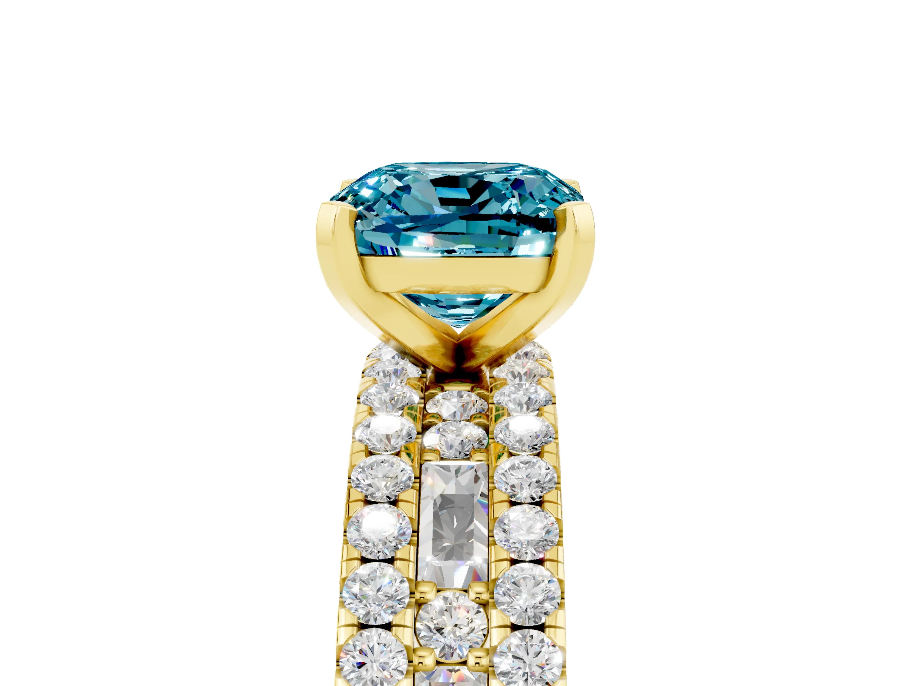 Yellow gold Cushion Cut Blue Topaz Solitaire Ring with Pavé and Channel Set Band_5