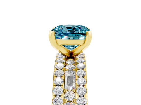 Yellow gold Cushion Cut Blue Topaz Solitaire Ring with Pavé and Channel Set Band_5