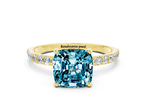 Yellow gold Cushion Cut Blue Topaz Solitaire Ring with Pave Band and Four Prong Setting_24