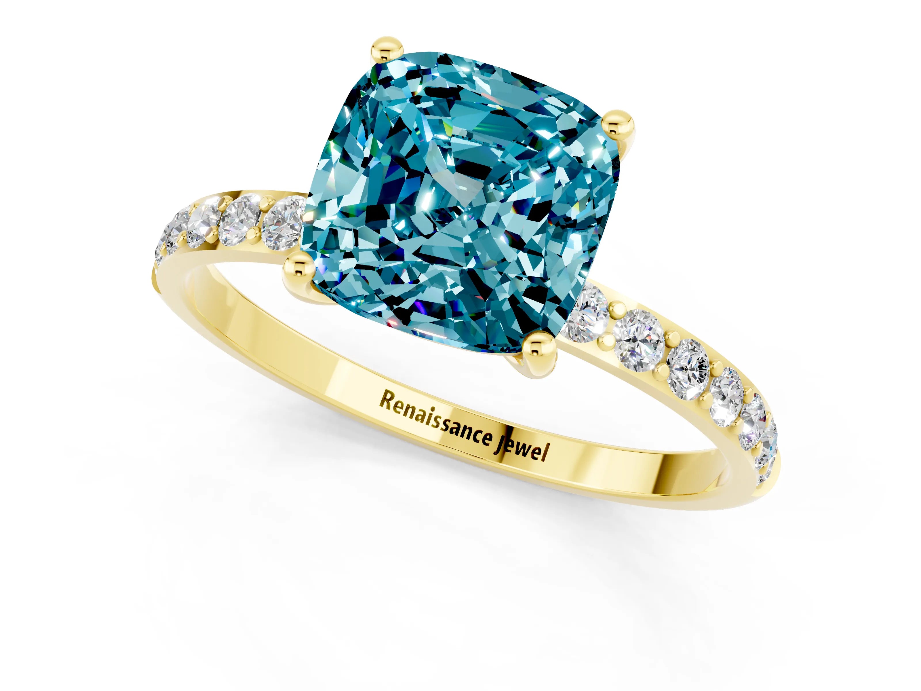 Yellow gold Cushion Cut Blue Topaz Solitaire Ring with Pave Band and Four Prong Setting_25