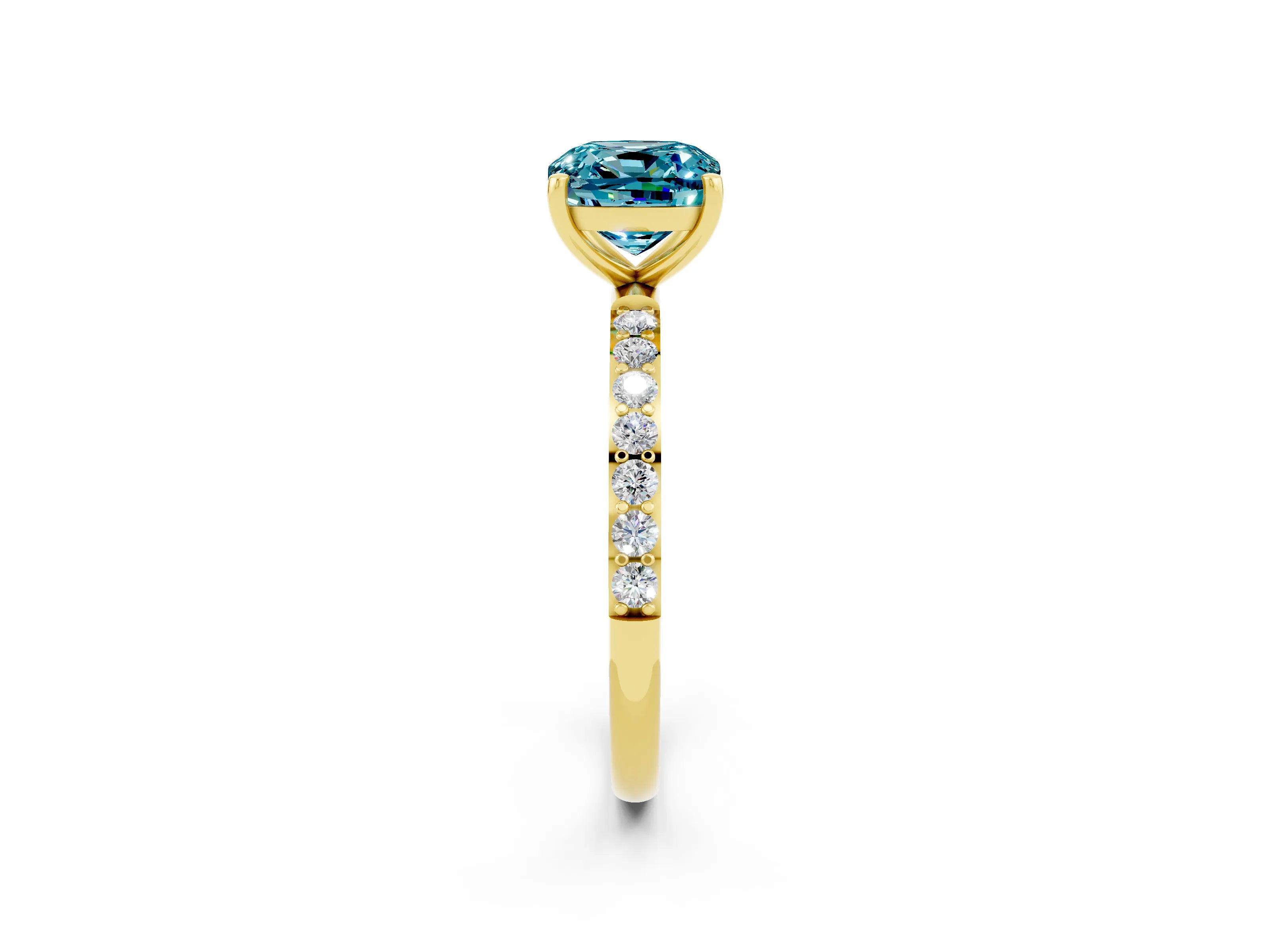 Yellow gold Cushion Cut Blue Topaz Solitaire Ring with Pave Band and Four Prong Setting_26