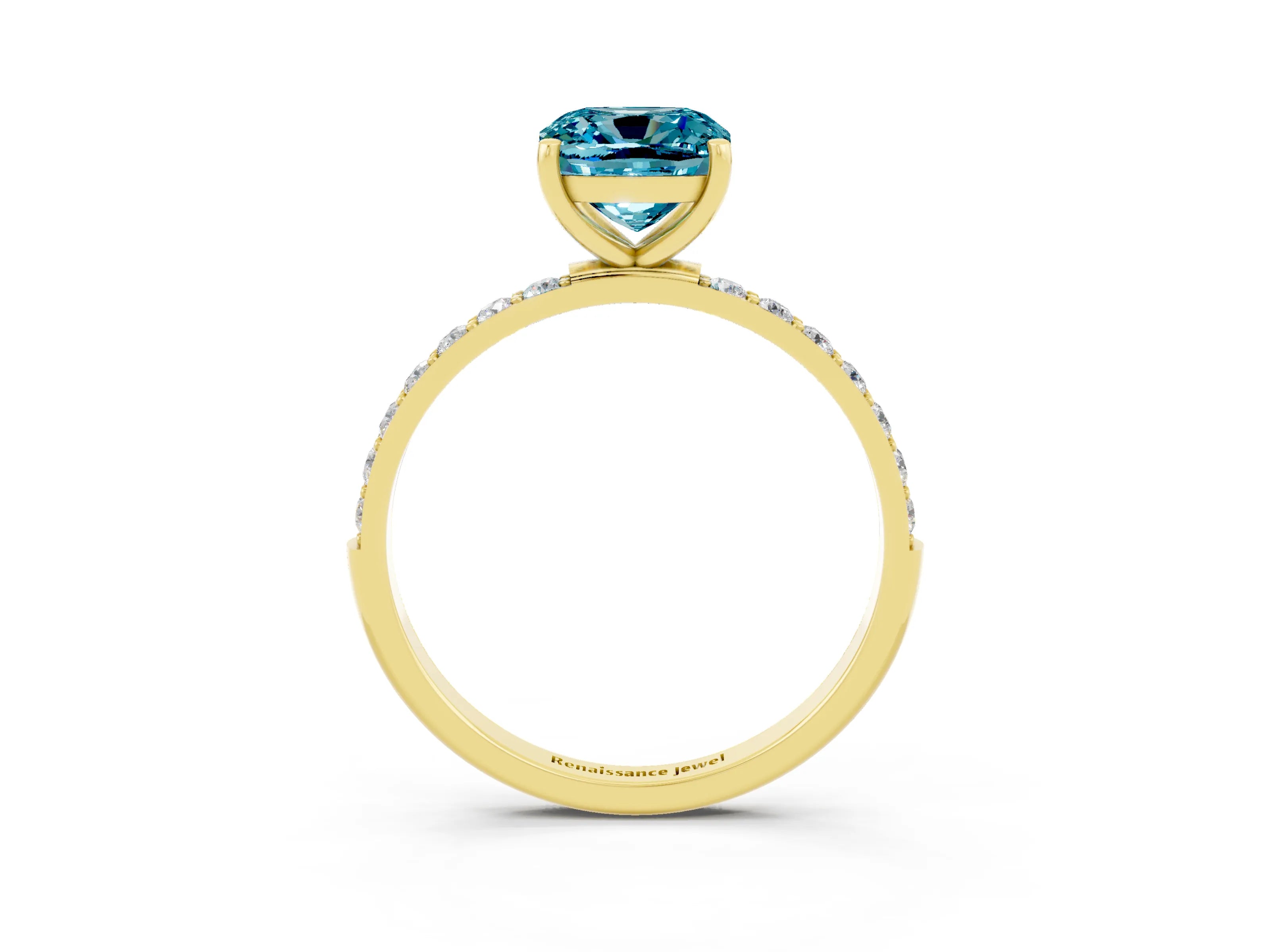 Yellow gold Cushion Cut Blue Topaz Solitaire Ring with Pave Band and Four Prong Setting_27