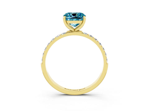 Yellow gold Cushion Cut Blue Topaz Solitaire Ring with Pave Band and Four Prong Setting_27