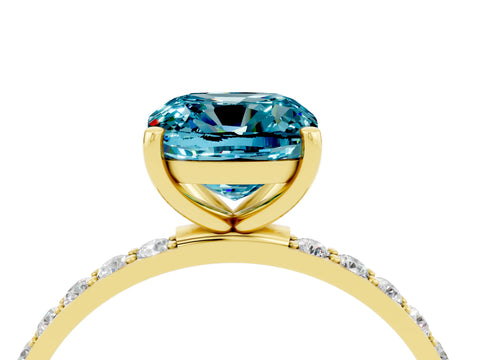 Yellow gold Cushion Cut Blue Topaz Solitaire Ring with Pave Band and Four Prong Setting_28
