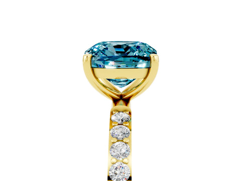 Yellow gold Cushion Cut Blue Topaz Solitaire Ring with Pave Band and Four Prong Setting_29