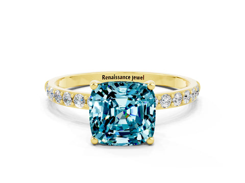 Yellow gold Cushion Cut Blue Topaz Solitaire Ring with Pave Band and Four Prong Setting_36