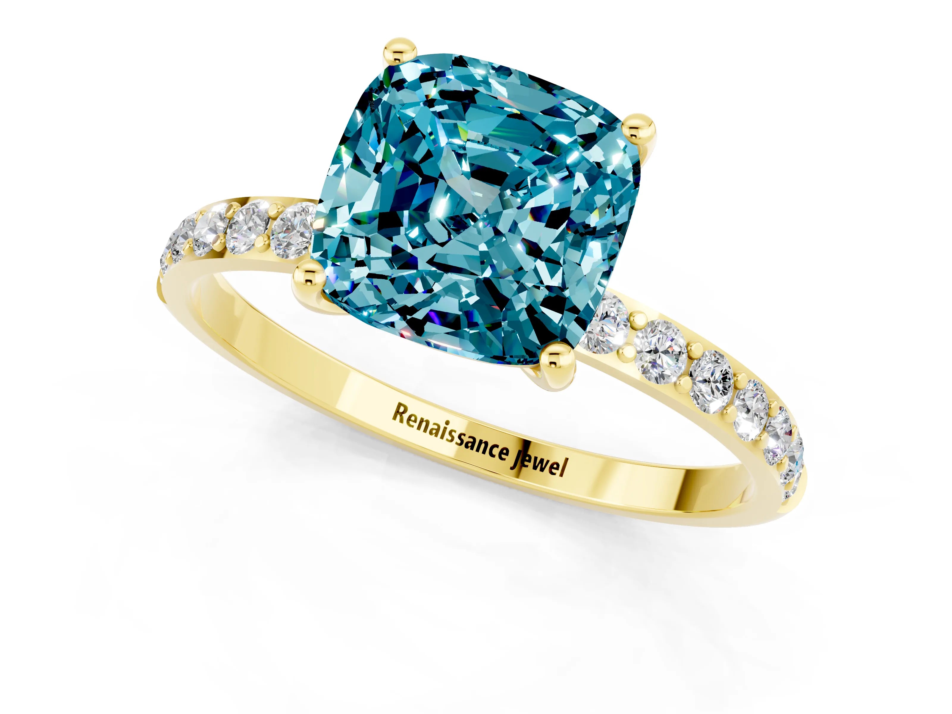 Yellow gold Cushion Cut Blue Topaz Solitaire Ring with Pave Band and Four Prong Setting_37